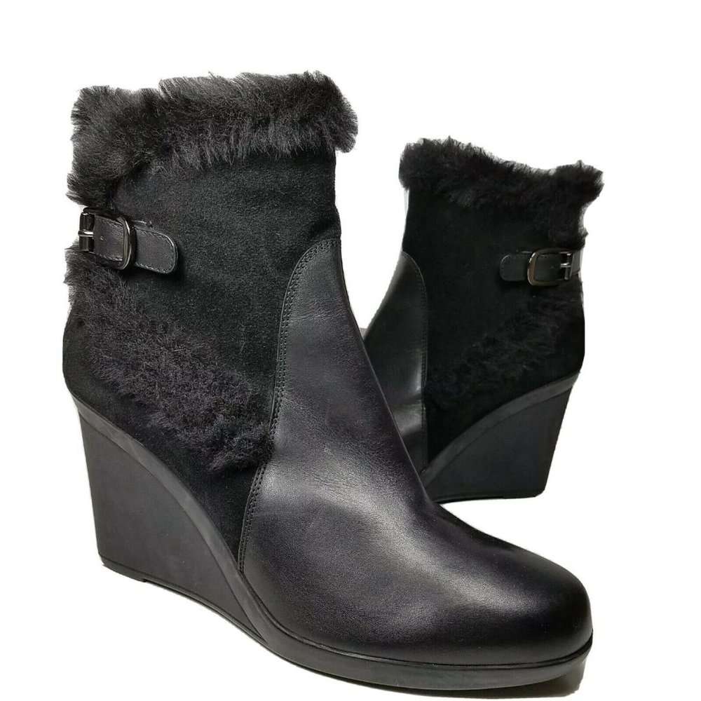 Aquatalia women ankle boots Natalie Faux Fur black Suede Wedge heel sz 9.5 new